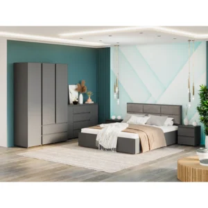 Set mobilier dormitor grafit cu pat, dulap, noptiere și comodă