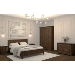 Set mobilier dormitor din lemn masiv cu pat, dulap, noptiere și comodă