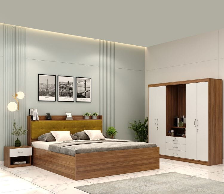 Seturi de mobilier dormitor modern, cu pat, dulap și noptiere