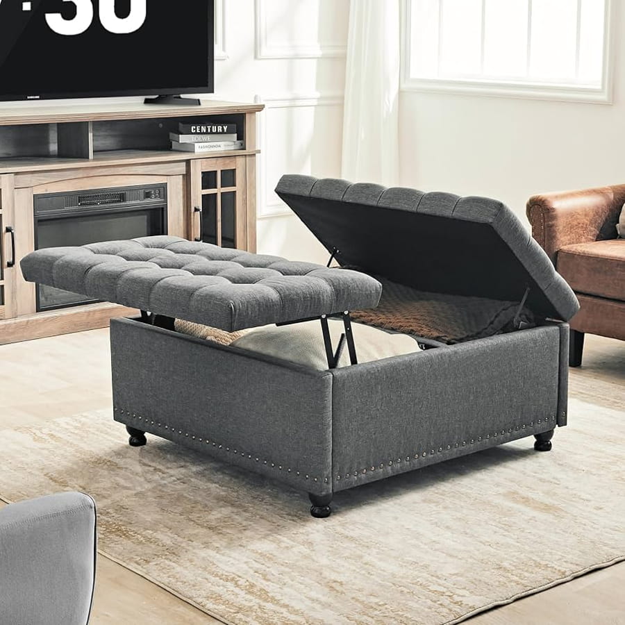 Taburet gri cu spațiu de depozitare, ideal pentru living