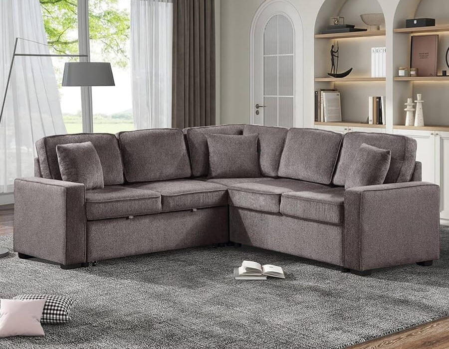 Colțar extensibil gri într-un living modern, perfect pentru economisirea spațiului și confort.