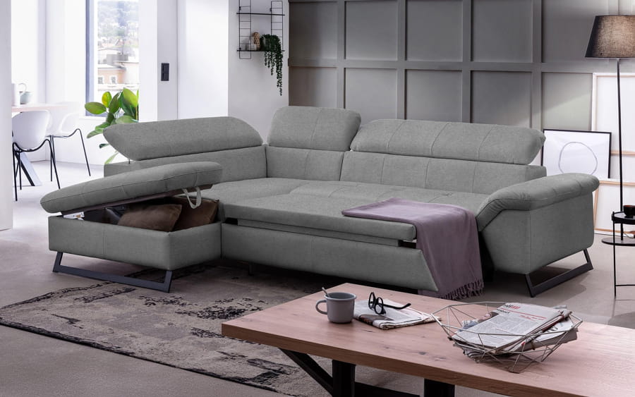 Colțar extensibil gri, modern, cu spațiu de depozitare integrat