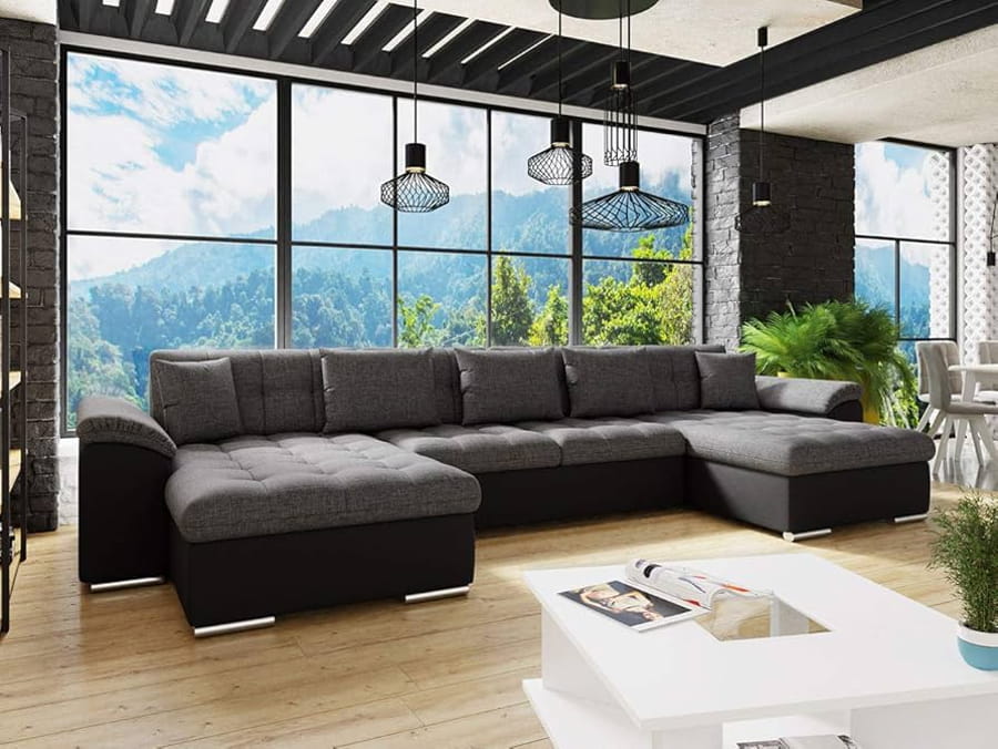 Colțar extensibil modern negru și gri, cu design elegant, ideal pentru livinguri spațioase