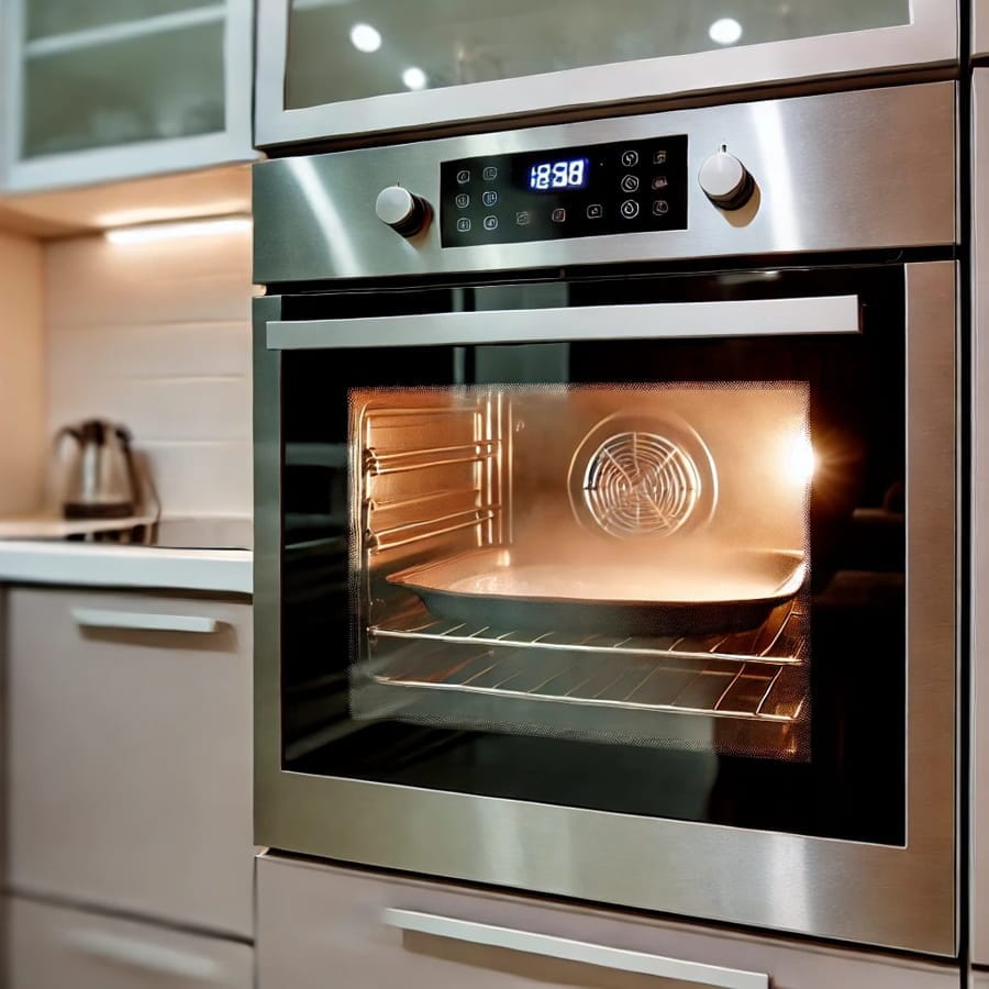 Cuptor electric cu aburi încorporat într-o bucătărie modernă cu design din inox.