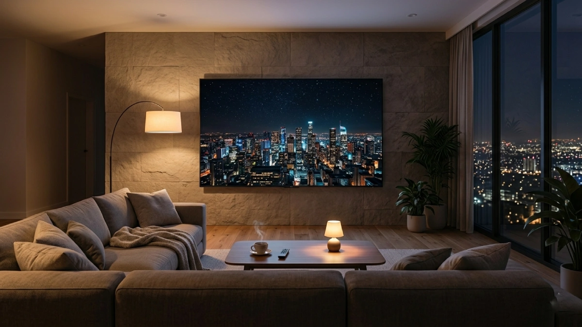 Televizor mare montat pe perete într-un living modern premium seara, afișând un oraș nocturn luminos, cu canapea confortabilă și fereastră spre oraș în lateral.