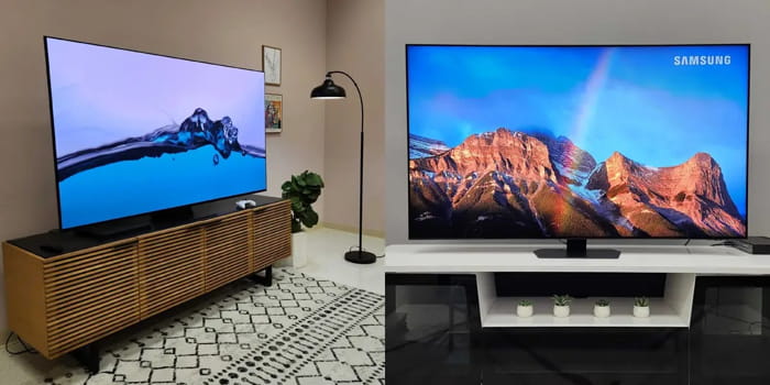 Două televizoare Samsung expuse în decoruri moderne, evidențiind designul elegant și calitatea imaginii