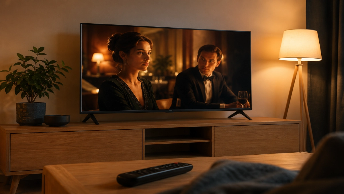 Televizor LG 43UA74003LB de 108 cm pe comodă din lemn, într-un living cu lumină caldă de seară, serial pe ecran.