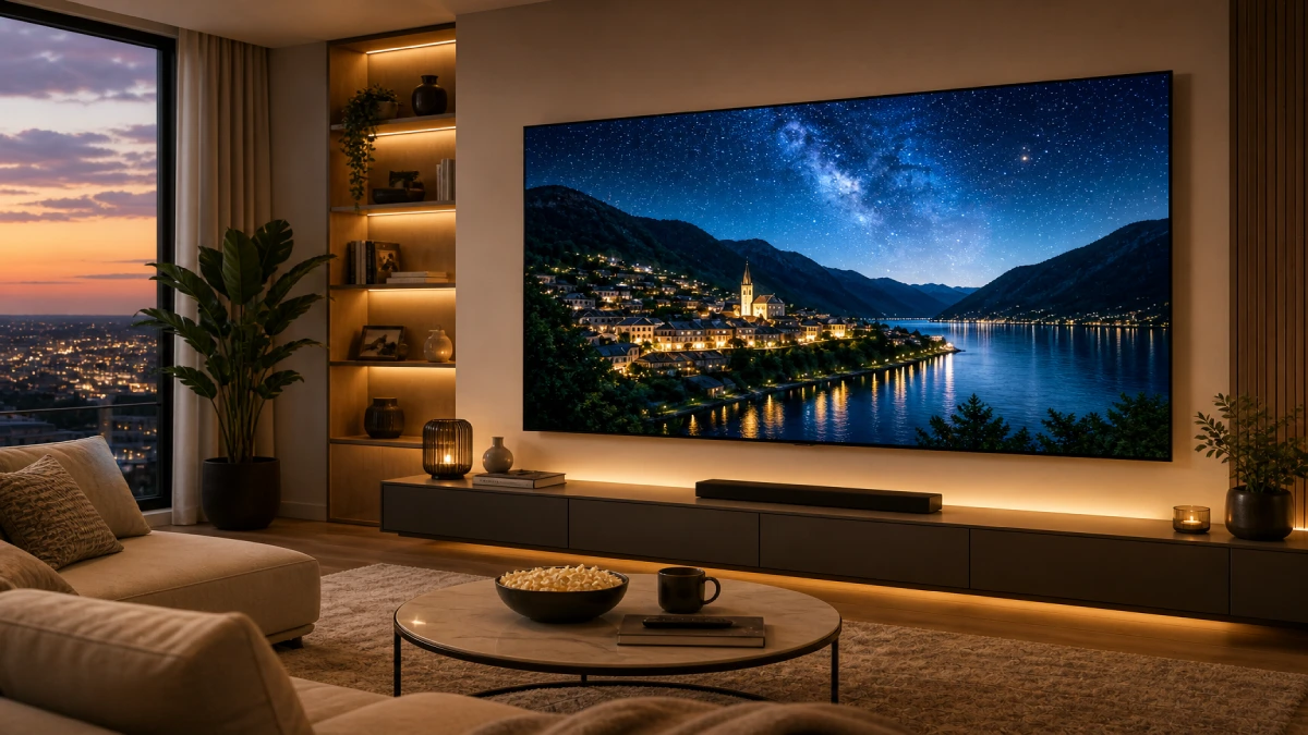 Televizor LG OLED evo 55C51LA montat pe perete într-un living modern seara, afișând un oraș nocturn cu cer înstelat și contrast ridicat.