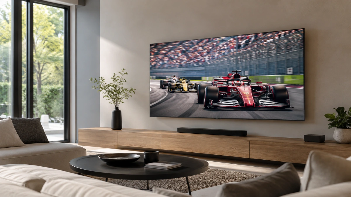 Televizor Samsung 43QN90F Neo QLED MiniLED de 108 cm montat pe perete, living luminos cu cursă Formula 1 pe ecran.