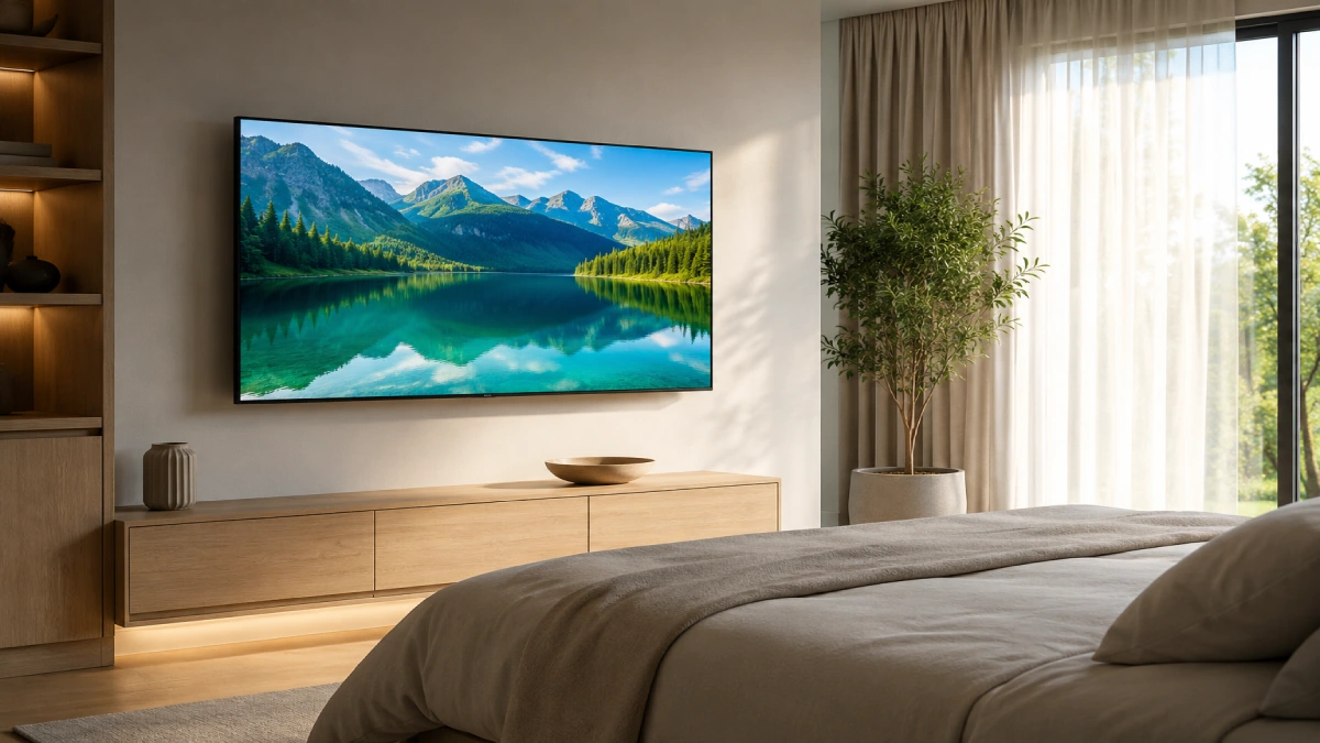 Televizor Samsung 43U8092 Crystal UHD 4K de 108 cm, model 2025, montat pe perete într-un dormitor modern.