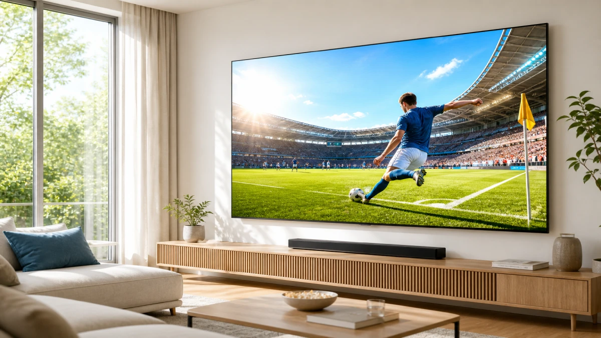 Televizor Samsung Neo QLED 55QN85D montat pe perete într-un living luminos cu fereastră mare, afișând un meci de fotbal cu luminozitate maximă.