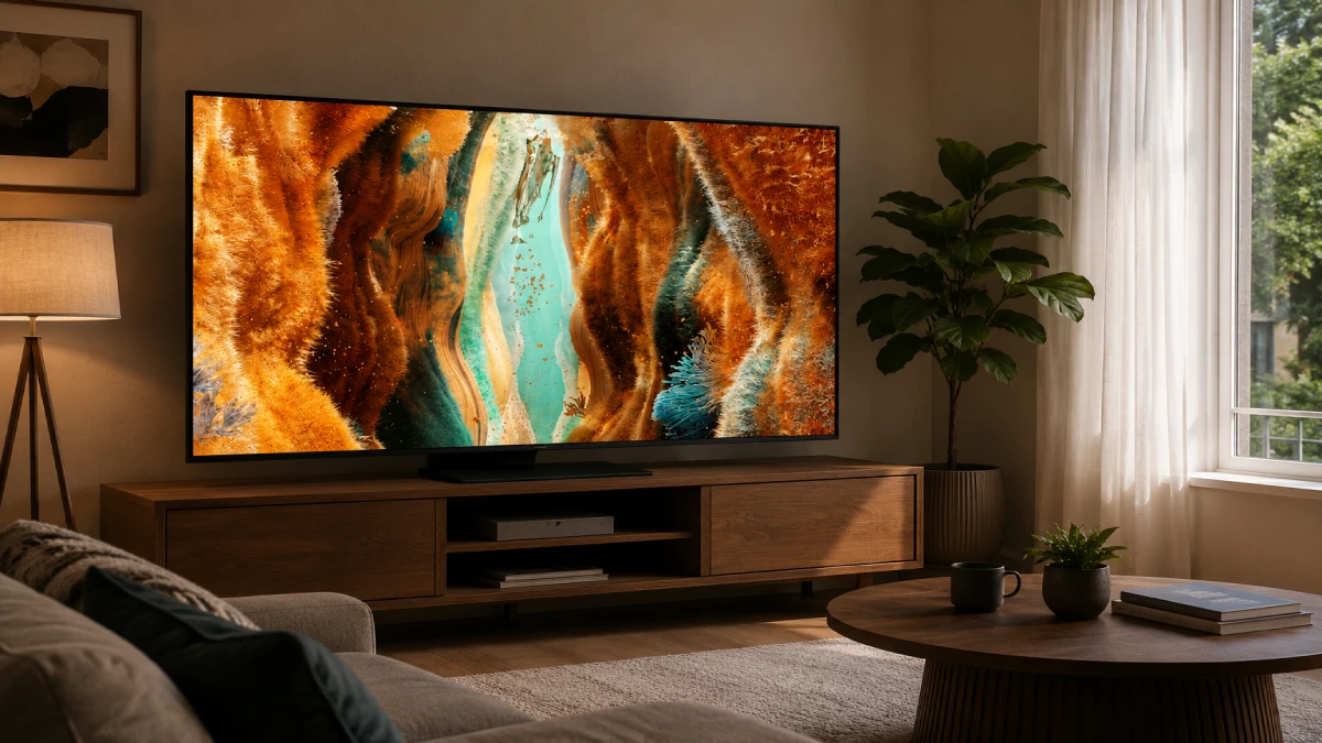 Samsung QN70F Neo QLED pe comodă de lemn într-un living cu lumină caldă de seară, afișând conținut abstract color saturat
