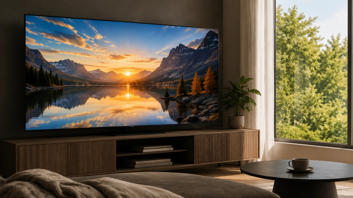 Samsung QN90F Neo QLED într-un living luminos cu fereastră, afișând peisaj HDR cu apus de soare peste lac și munți