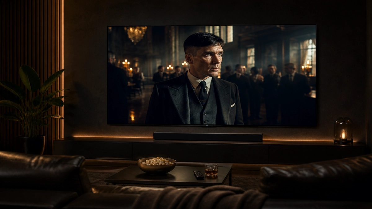 Televizor Sony BRAVIA 8 OLED 55XR80 montat pe perete într-un home cinema privat, afișând o scenă dramatică cu iluminare cu lumânări și contrast cinematografic.