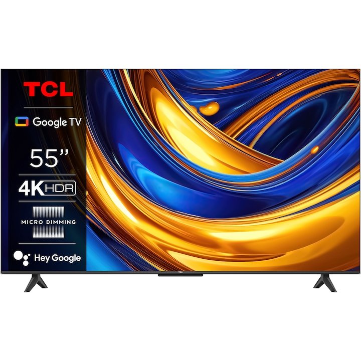Televizor TCL 55P655, 139 cm, 4K Ultra HD, Smart Google TV, pe stand, cu ecran vibrant în culori calde.