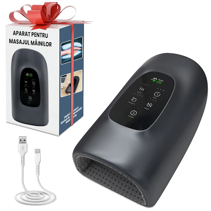 Aparat de masaj pentru mâini GlowforHome wireless, gri, pentru dureri articulare.
