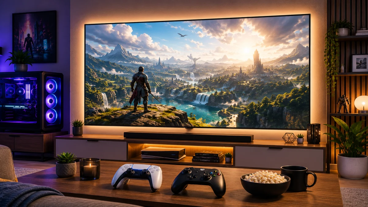 Setup de gaming cu televizor mare montat pe comodă, controller PS5 și Xbox în prim-plan, PC tower RGB și iluminare ambientală caldă într-un living modern