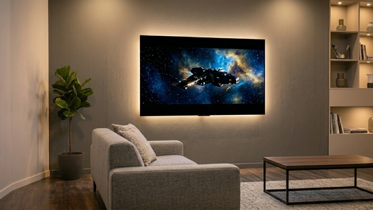 Televizor LG OLED montat pe perete într-o cameră de zi modernă cu iluminare ambientală, scenă spațială HDR pe ecran