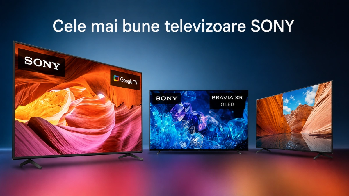 Trei televizoare Sony BRAVIA pe fundal gradient — ghid complet pentru cele mai bune modele Sony