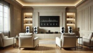 Configurare sistem audio surround într-un living modern, cu difuzoare amplasate corect pentru o experiență cinematică.