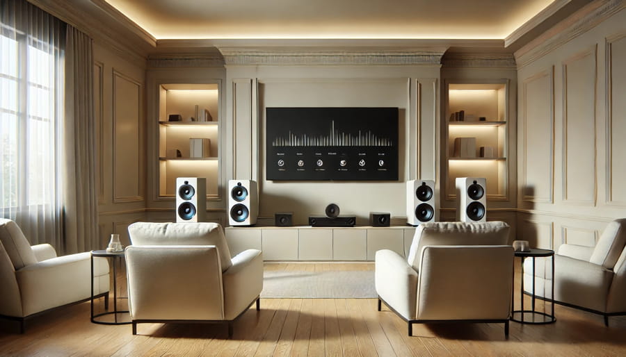 Configurare sistem audio surround într-un living modern, cu difuzoare amplasate corect pentru o experiență cinematică.