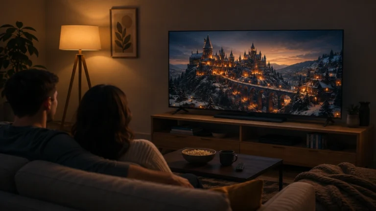 Cuplu urmărind un film pe televizorul LG OLED B5 55B53LA într-o cameră de zi cu lumină ambientală caldă, seară