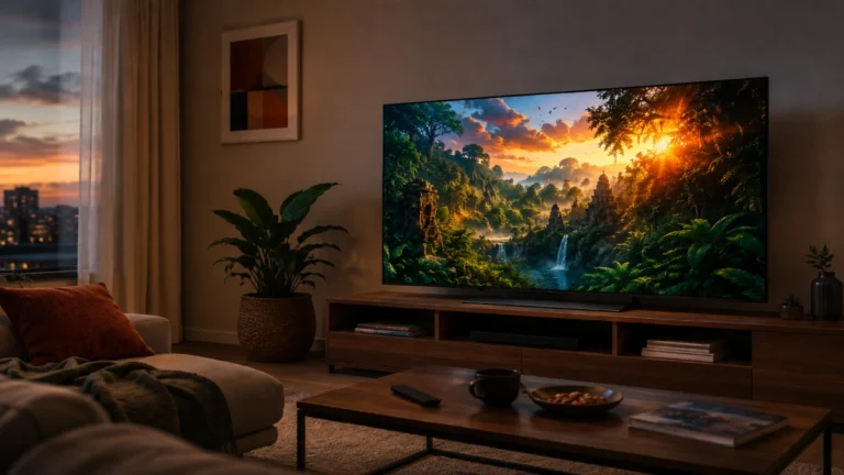 Televizor LG OLED evo C5 55C51LA pe comodă în cameră de zi modernă, seară, cu imagine HDR de junglă tropicală și apus de soare