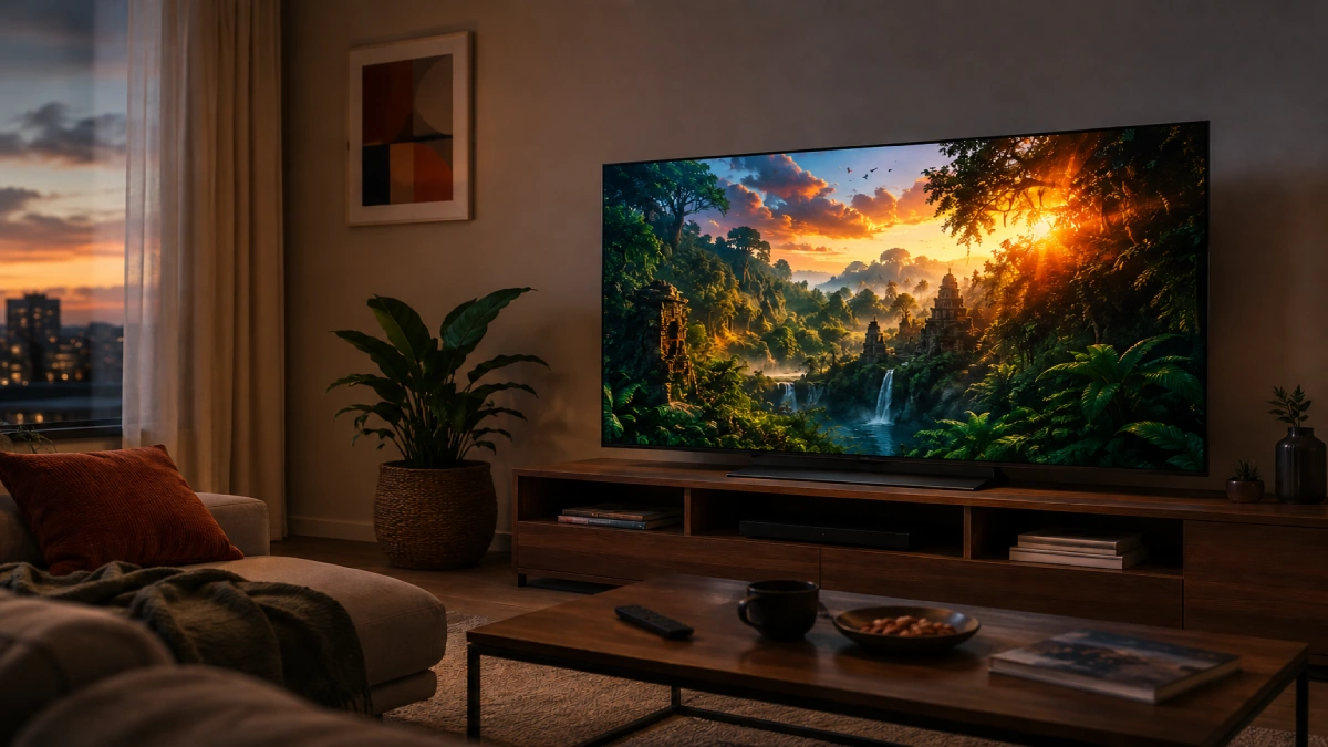 Televizor LG OLED evo C5 55C51LA pe comodă în cameră de zi modernă, seară, cu imagine HDR de junglă tropicală și apus de soare