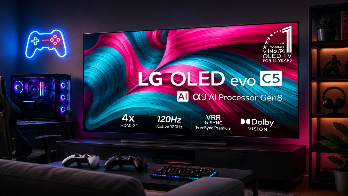 Televizor LG OLED evo C5 într-un setup de gaming cu PC, console și iluminare ambientală