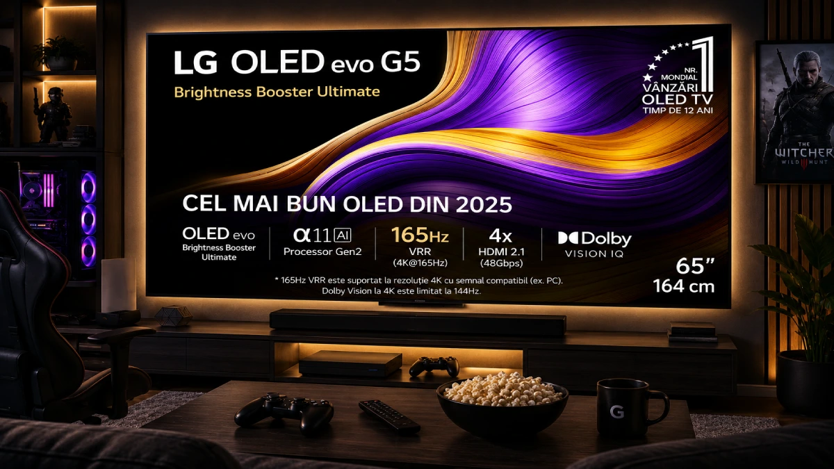 Televizor LG OLED evo G5 65 inch cu VRR 165Hz și 4x HDMI 2.1 într-un setup de gaming cu PC tower RGB și scaun gaming