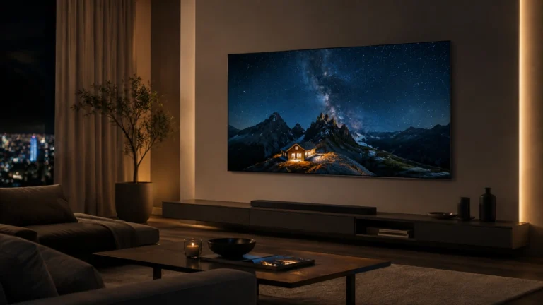 Televizor LG OLED evo G5 55G53LS montat pe perete într-o cameră de zi modernă, seară, cu imagine HDR de peisaj montan și cer înstelat