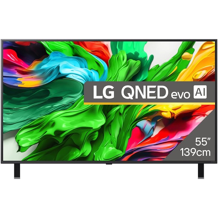 Televizor LG QNED evo 55QNED85A3C într-o cameră de zi luminoasă, imagine vibrantă cu culori saturate