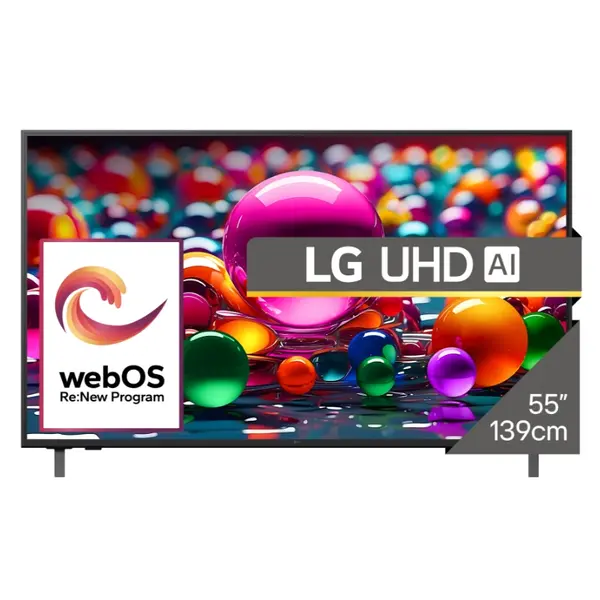 Televizor LG UHD AI 55UA75003LA într-un dormitor modern cu lumină naturală, interfață webOS pe ecran