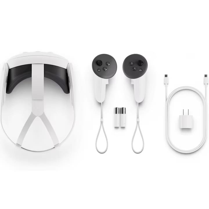 Ochelari VR Meta Quest 3 cu controlere, baterii și cablu de încărcare.