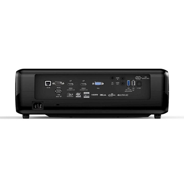 Panoul de conectivitate al videoproiectorului Optoma UHD370X, cu multiple opțiuni HDMI, USB și VGA.