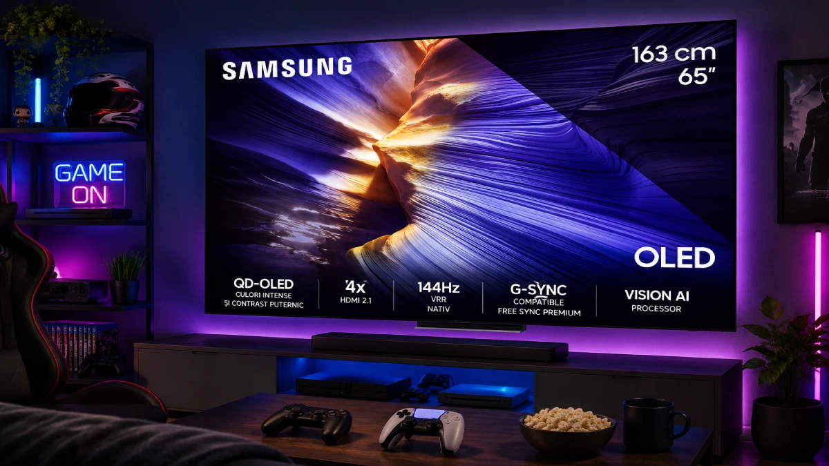 Televizor Samsung OLED 65S90F 65 inch într-un setup de gaming cu console PS5 și Xbox, iluminare ambientală violet