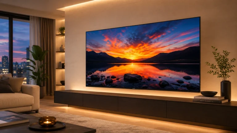 Televizor Sony BRAVIA 8 OLED montat pe comodă într-un living modern, cu imagine cinematografică la apus pe ecran și lumină ambientală caldă
