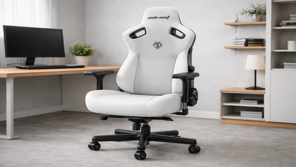Scaun de gaming AndaSeat Kaiser 3 L din eco-piele albă, cu suport lombar integrat și brațe reglabile