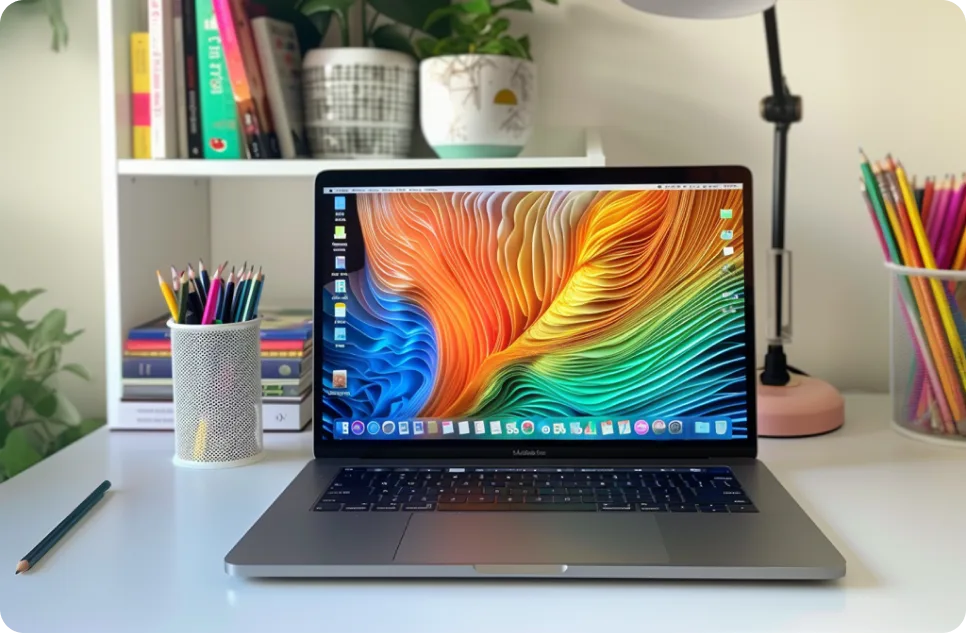 Laptop modern Apple pe un birou organizat, simbolizând cele mai bune laptopuri