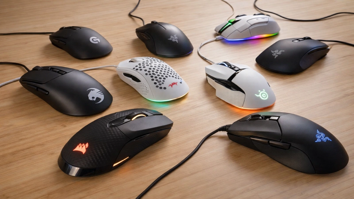 Selecție de mouse-uri de gaming premium așezate pe birou din lemn, pentru gaming competitiv și esports
