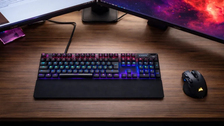 Tastatură de gaming cu iluminare RGB pe birou, într-un setup modern de gaming