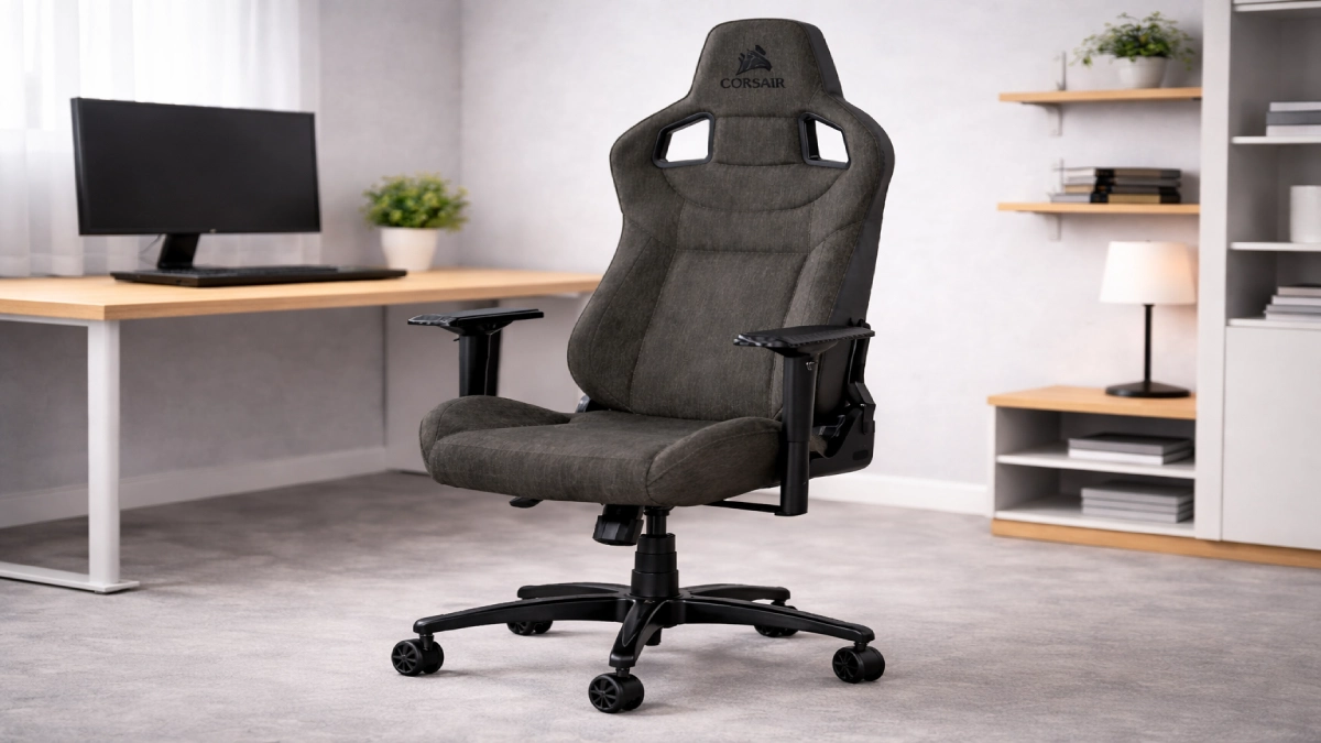 Scaun de gaming Corsair T3 Rush din material textil charcoal, poziționat într-un birou modern, cu brațe reglabile și spătar ergonomic