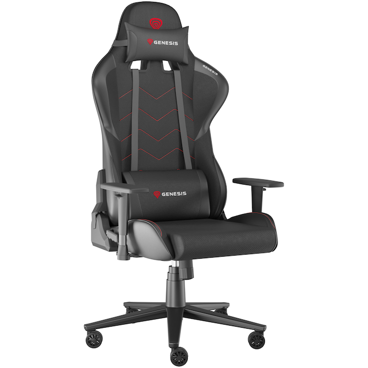 Scaun gaming Genesis Nitro 550 G2 din material textil negru, cu spătar reglabil, pernă lombară și bază metalică cu roți CareGlide