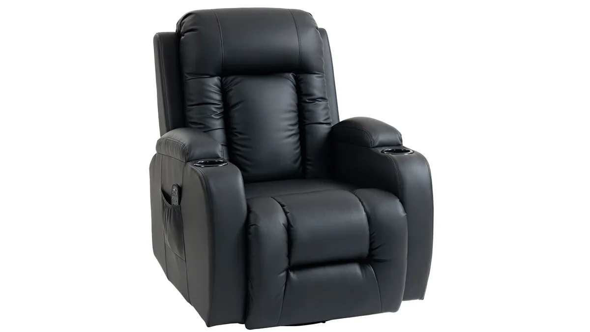 Fotoliul recliner HOMCOM 700-050V94BK, din piele ecologică neagră, cu suporturi de pahare în cotiere, văzut din față