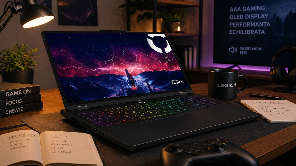 Laptop gaming Lenovo Legion Pro 5 Gen 10 cu RTX 5070 și ecran OLED pe birou, folosit pentru gaming și productivitate
