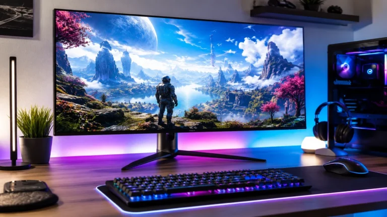Monitor gaming ASUS ROG Strix OLED de 32 inch într-un setup premium cu iluminare RGB violet și albastru