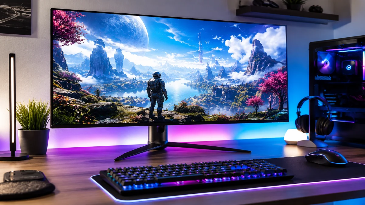 Monitor gaming ASUS ROG Strix OLED de 32 inch într-un setup premium cu iluminare RGB violet și albastru