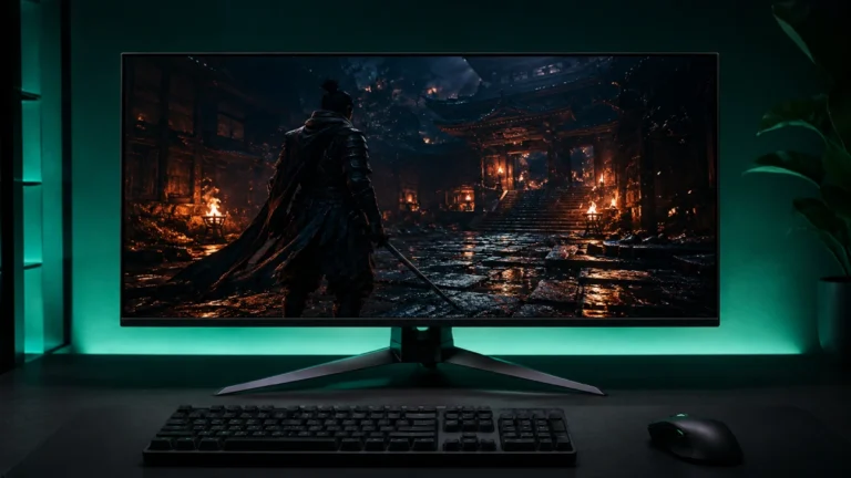 Monitor gaming ASUS ROG Swift OLED PG32UCDM 32 inch cu scenă RPG întunecată — negru pur QD-OLED și iluminare teal