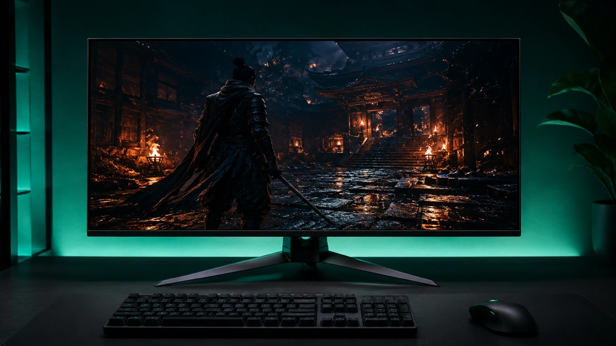 Monitor gaming ASUS ROG Swift OLED PG32UCDM 32 inch cu scenă RPG întunecată — negru pur QD-OLED și iluminare teal