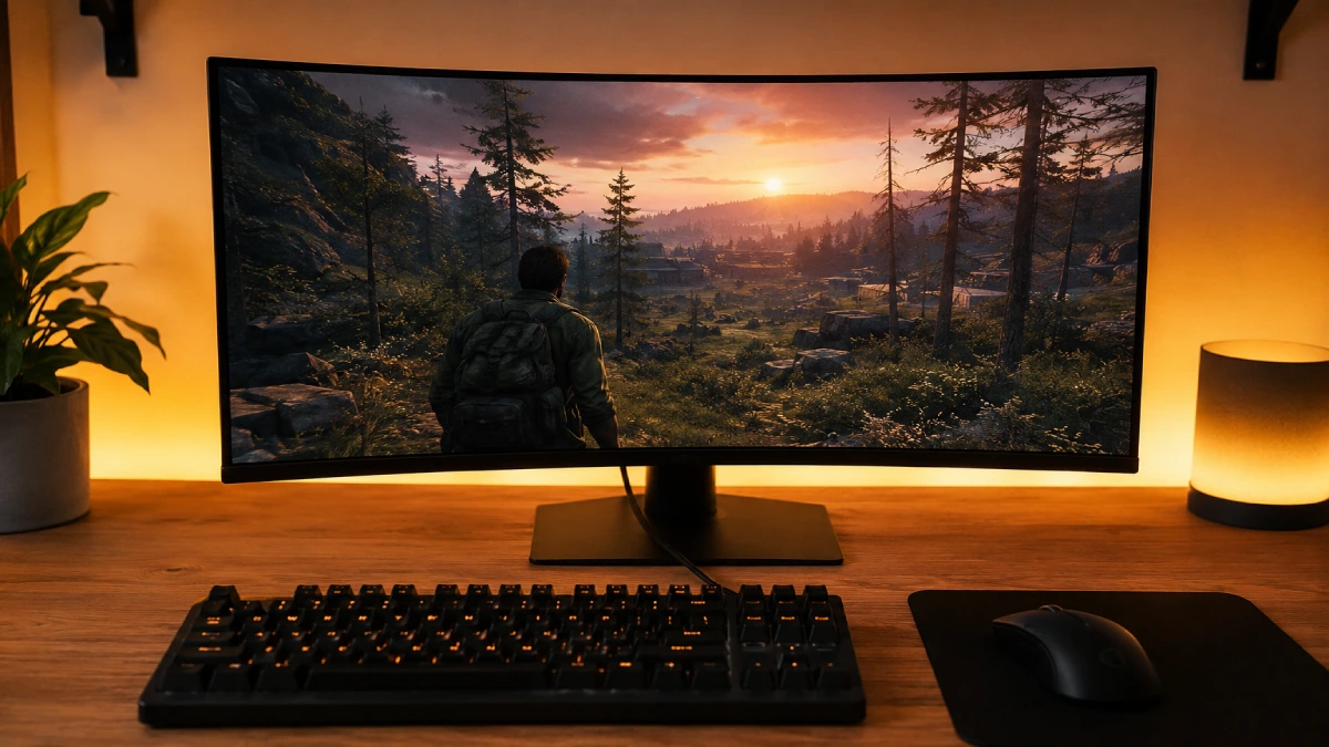 Monitor gaming Dell S3222DGM 32 inch curbat cu scenă survival la apus — 1440p 165Hz cel mai accesibil